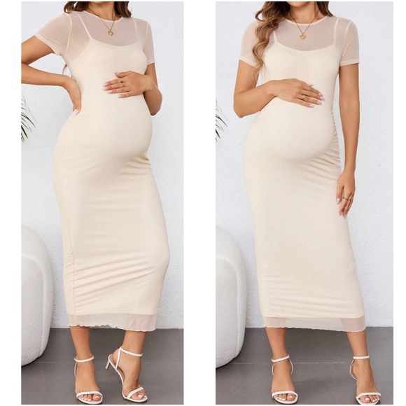 Maternity Cami Tank Short Sleeve Minimalist Midi Dress - Picture 4 of 6